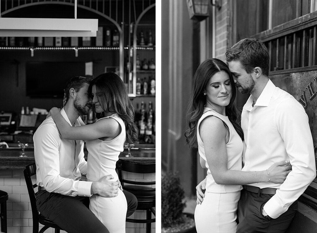 Couple hugging in front of Philadelphia bar taking engagement photos with Kristy Hoadley