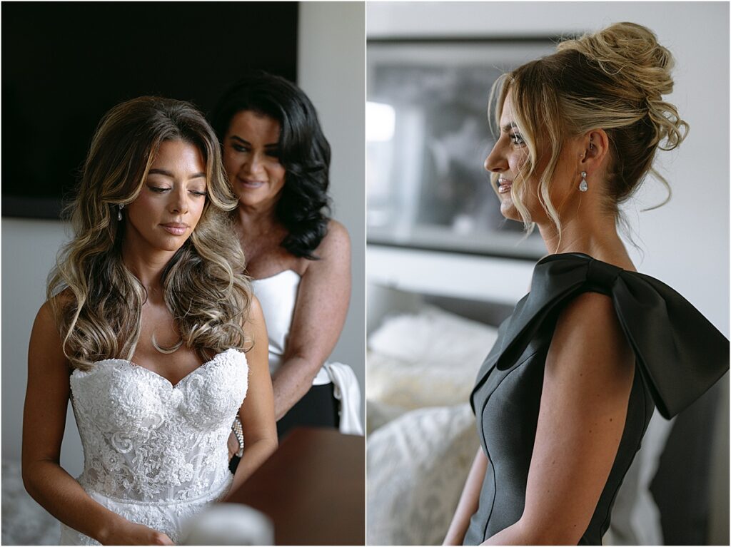 bride and mom putting on dress