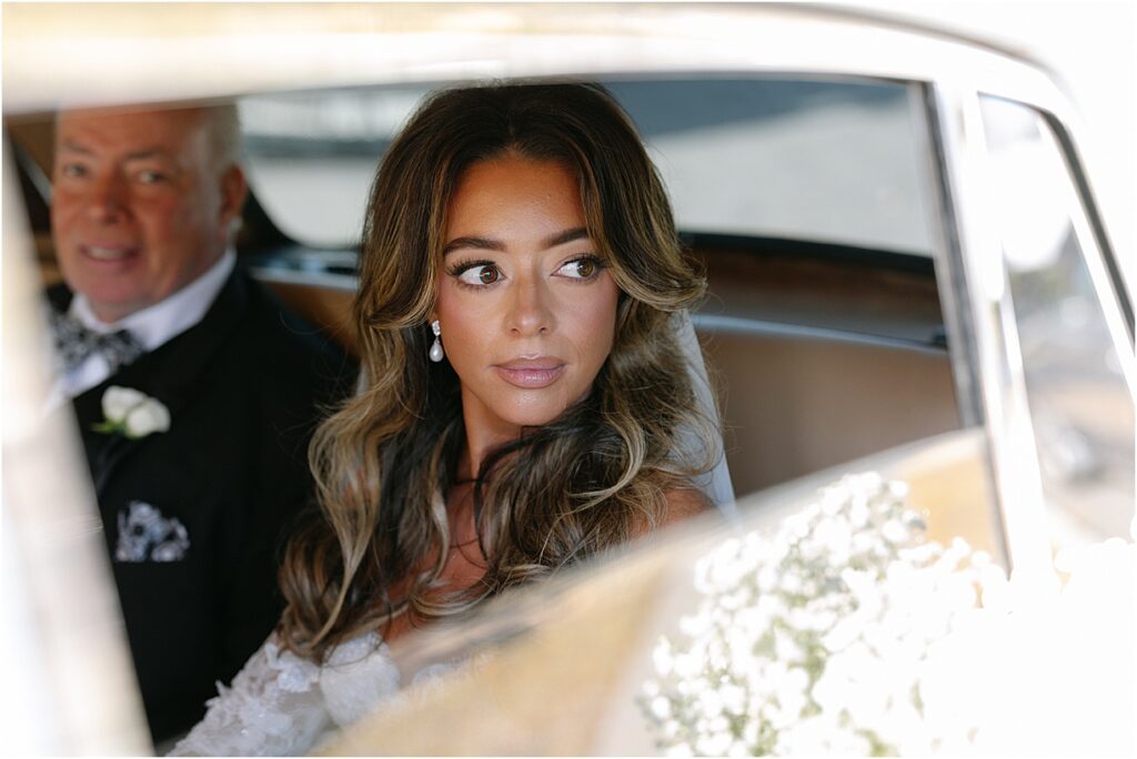 Bride and Dad in car before ceremony at Philadelphia editorial wedding