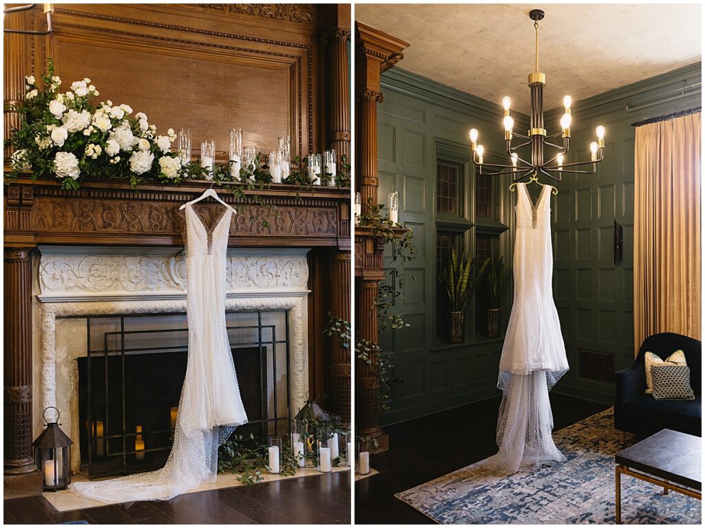 wedding dress hanging in Natirar Mansion New Jersey wedding venue