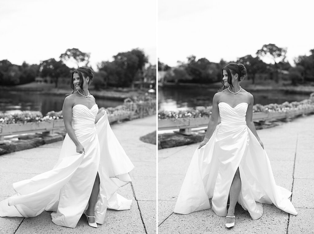 Bridal portraits on waterfront path at Larchmont Yacht Club wedding